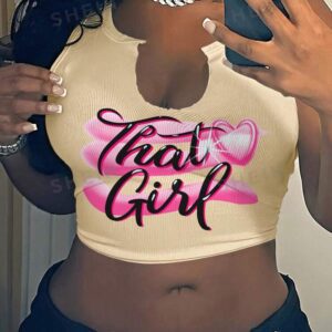SHEIN slayr lettre et coeur rose côtelé débardeur court décontracté à dos nageur
