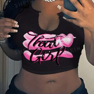 SHEIN slayr lettre et coeur rose côtelé débardeur court décontracté à dos nageur