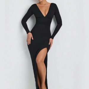 1 pièce Robe fendue élégante et sexy à manches longues col V de couleur unie