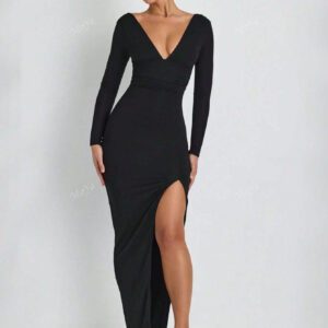 1 pièce Robe fendue élégante et sexy à manches longues col V de couleur unie