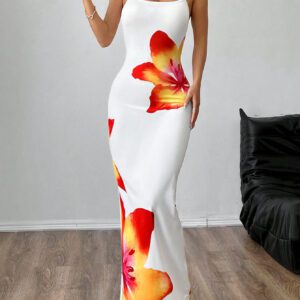 SHEIN EZwear Robe d'été pour femmes à imprimé floral, ajustée et longue à bretelles pour une tenue décontractée