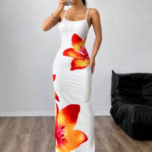 SHEIN EZwear Robe d'été pour femmes à imprimé floral, ajustée et longue à bretelles pour une tenue décontractée