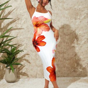 SHEIN SXY Robe longue à coupe ajustée pour femmes avec design de bretelles spaghetti à fleurs et dos nu pour vacances d'été, plage et forêt tropicale