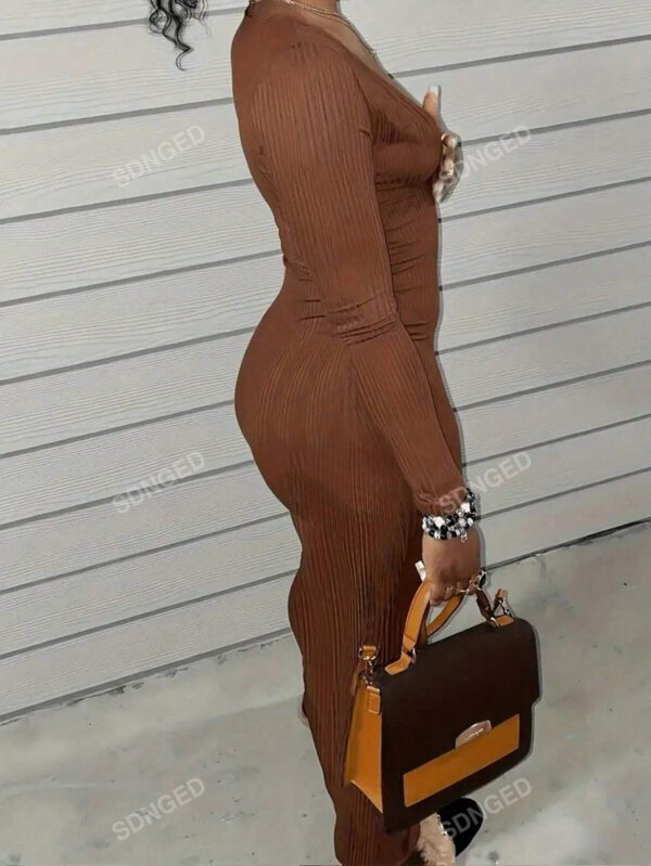 Robe femme à col en V profond, manches longues, mode sexy et moulante – Image 5