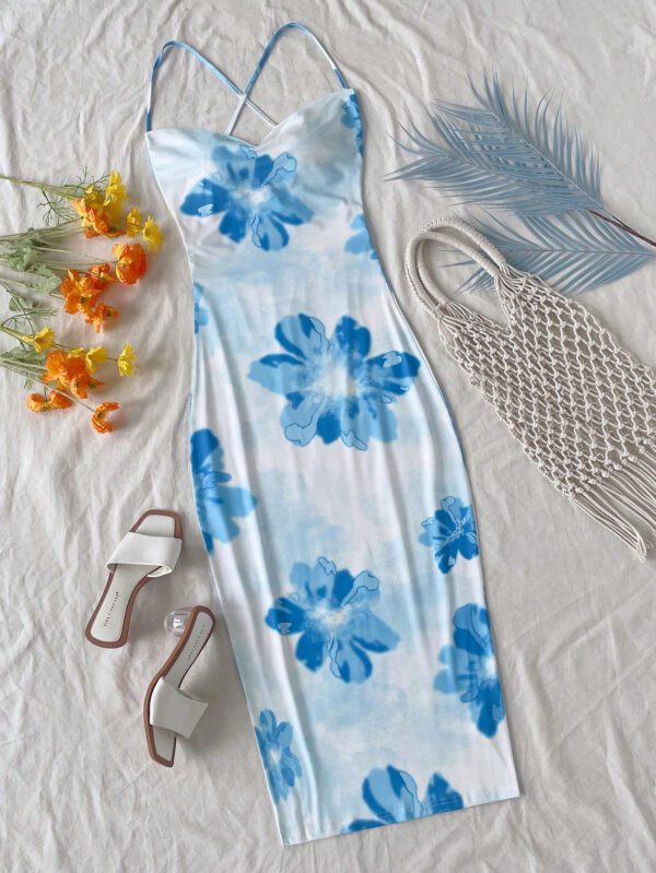 SHEIN WYWH Robe dos nu à bretelles spaghetti imprimée grande taille pour femme, décontractée, vacances à fleurs avec encolure drapée – Image 5
