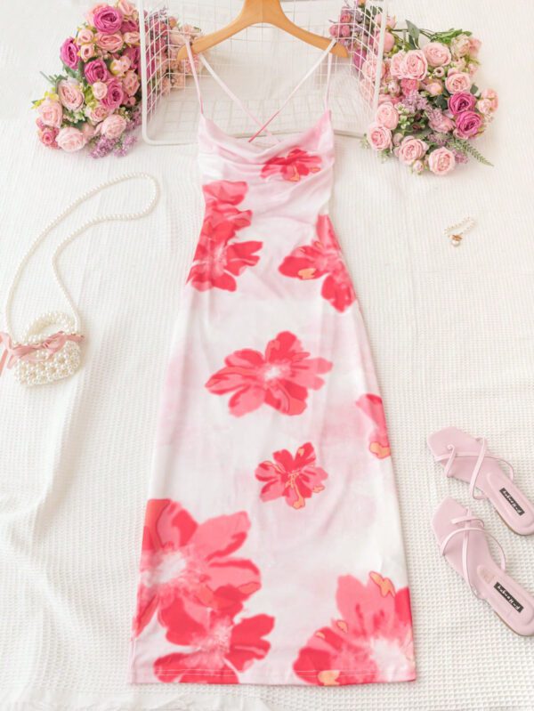 SHEIN WYWH Robe dos nu à bretelles spaghetti imprimée grande taille pour femme, décontractée, vacances à fleurs avec encolure drapée – Image 9