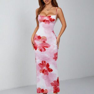 SHEIN PETITE Robe à dos nu à col cache-maillot imprimée grande taille blanche rouge, décontractée, pour vacances