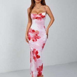 SHEIN PETITE Robe à dos nu à col cache-maillot imprimée grande taille blanche rouge, décontractée, pour vacances