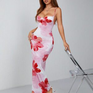 SHEIN PETITE Robe à dos nu à col cache-maillot imprimée grande taille blanche rouge, décontractée, pour vacances