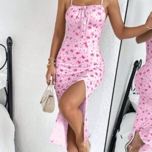 SHEIN Raffinéa Robe À Fines Brides Imprimé Floral À Nœud Fendu