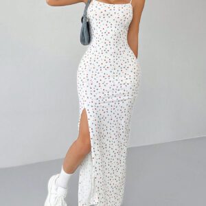 SHEIN PETITE Robe longue à bretelles fendue haute à fleurs minuscules blanches