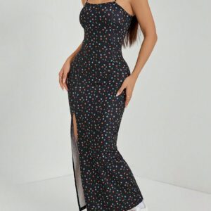 SHEIN PETITE Robe longue à bretelles fendue haute à fleurs minuscules blanches