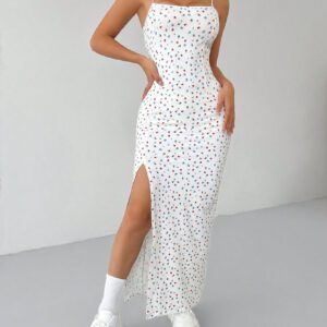 SHEIN PETITE Robe longue à bretelles fendue haute à fleurs minuscules blanches