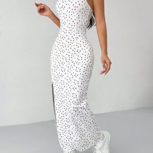 SHEIN PETITE Robe longue à bretelles fendue haute à fleurs minuscules blanches