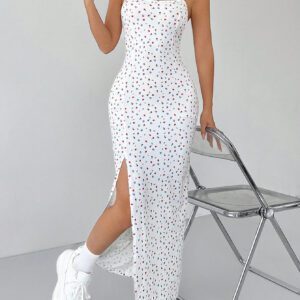 SHEIN PETITE Robe longue à bretelles fendue haute à fleurs minuscules blanches