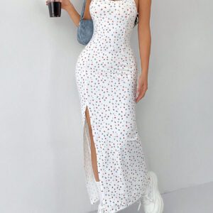 SHEIN PETITE Robe longue à bretelles fendue haute à fleurs minuscules blanches