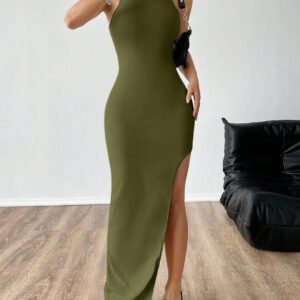 SHEIN EZwear Robe d"été pour femmes à col rond sans manches, longue, fendue, décontractée, sans dossier