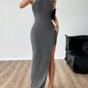 SHEIN EZwear Robe d"été pour femmes à col rond sans manches, longue, fendue, décontractée, sans dossier