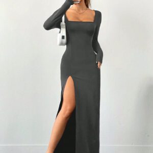 SHEIN EZwear Robe décontractée à manches longues, col carré, fendu à l'ourlet pour femmes