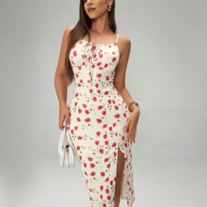 SHEIN Raffinéa Robe portefeuille d'été élégante à imprimé aléatoire avec fente à la cuisse