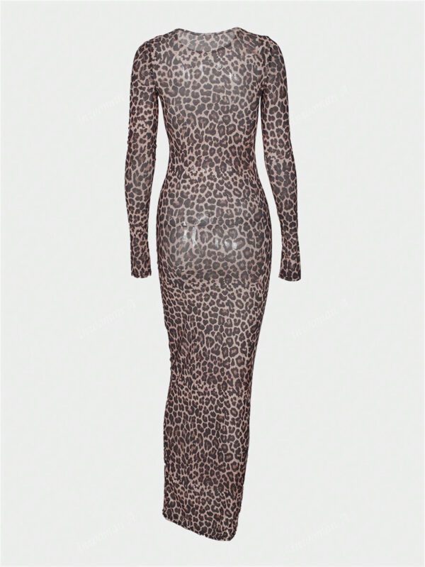 Robe longue de soirée sexy au léopard d'été à manches longues et translucide pour femme, ajustée et affûtée – Image 3