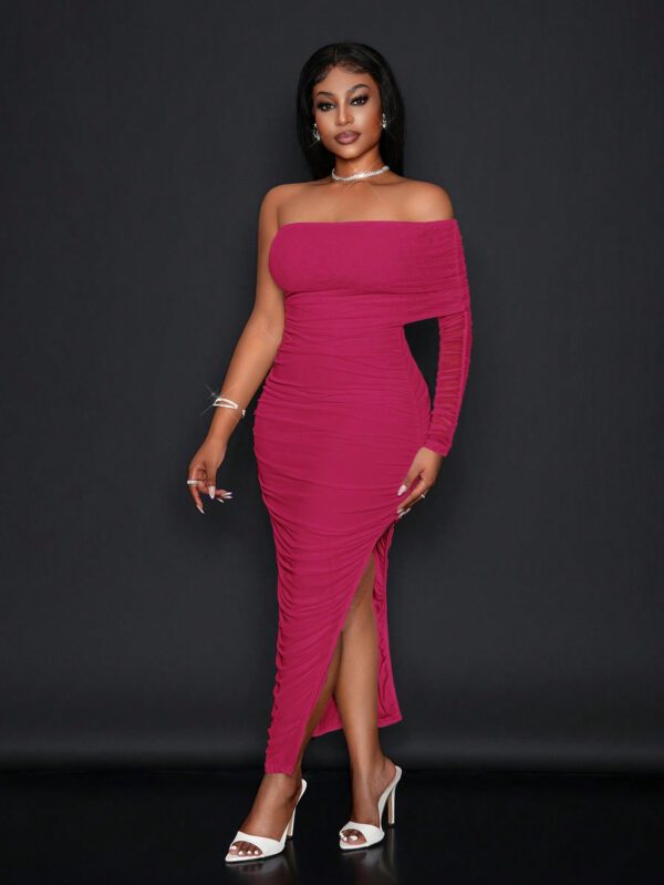 SHEIN Slayr Robe moulante femme à épaules dénudées en maille plissée, élégante pour les fêtes/rendez-vous - EE – Image 2