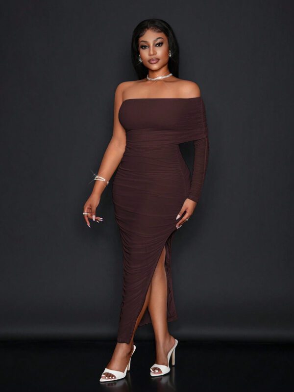 SHEIN Slayr Robe moulante femme à épaules dénudées en maille plissée, élégante pour les fêtes/rendez-vous - EE – Image 3