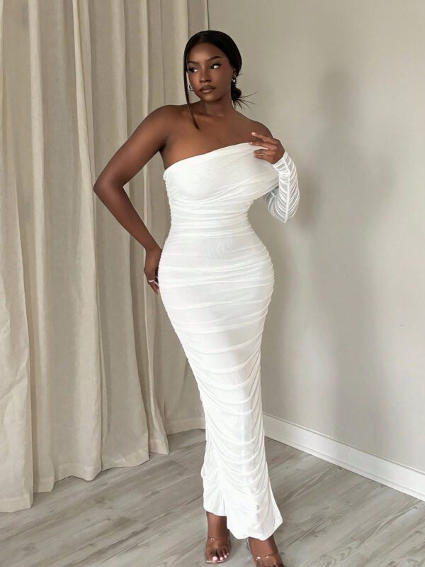 SHEIN Slayr Robe moulante femme à épaules dénudées en maille plissée, élégante pour les fêtes/rendez-vous - EE – Image 6