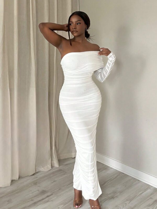 SHEIN Slayr Robe moulante femme à épaules dénudées en maille plissée, élégante pour les fêtes/rendez-vous - EE – Image 7