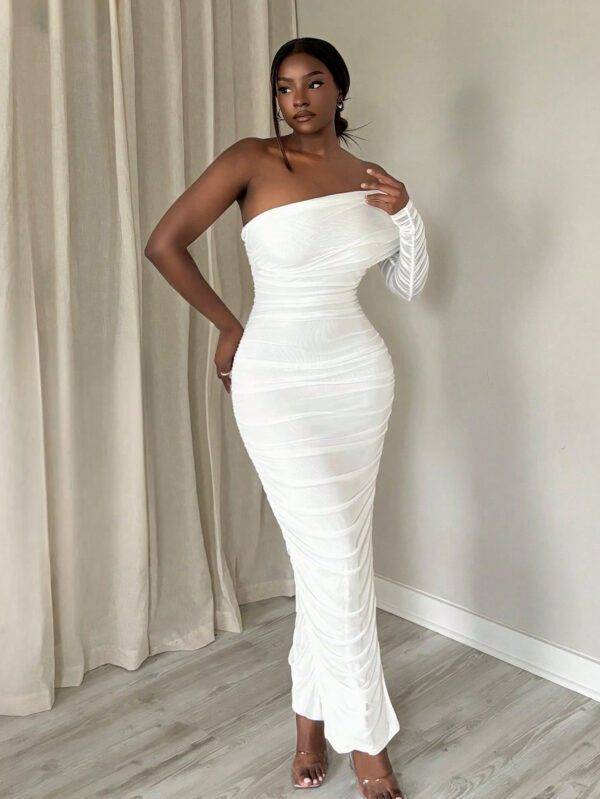 SHEIN Slayr Robe moulante femme à épaules dénudées en maille plissée, élégante pour les fêtes/rendez-vous - EE – Image 8