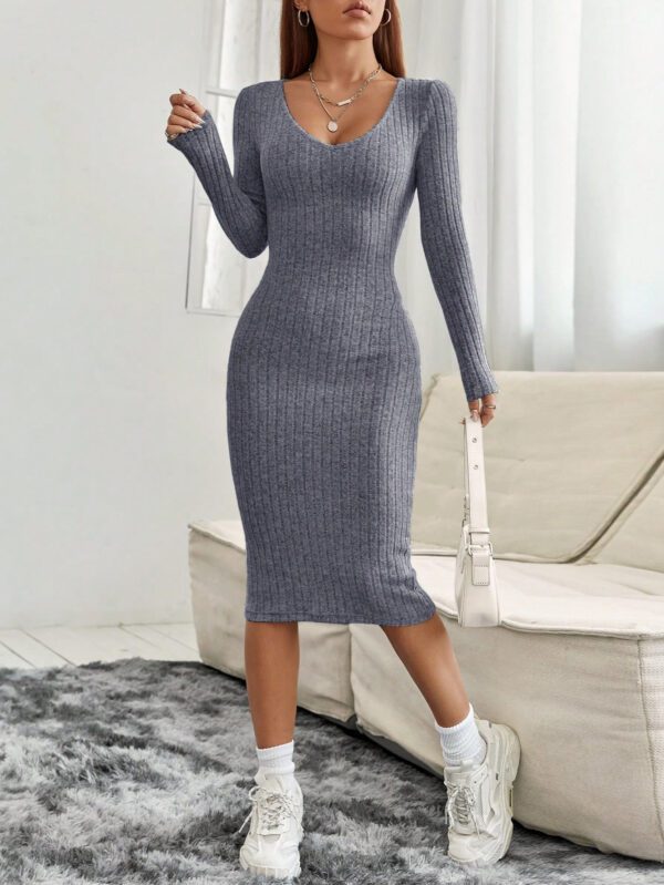 SHEIN PETITE Robe Longue À Manches Longues Et Col En V Pour Femmes – Image 3