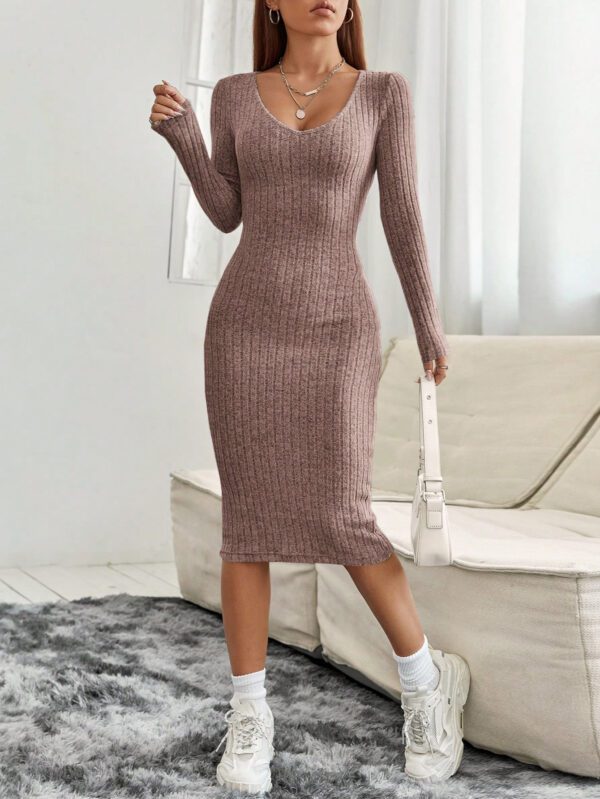 SHEIN PETITE Robe Longue À Manches Longues Et Col En V Pour Femmes – Image 5