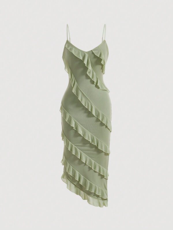 SHEIN MOD Robe décontractée d"été pour femme avec ourlet asymétrique, bretelles spaghetti et garniture à volants