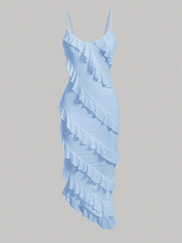 SHEIN MOD Robe décontractée d"été pour femme avec ourlet asymétrique, bretelles spaghetti et garniture à volants – Image 3