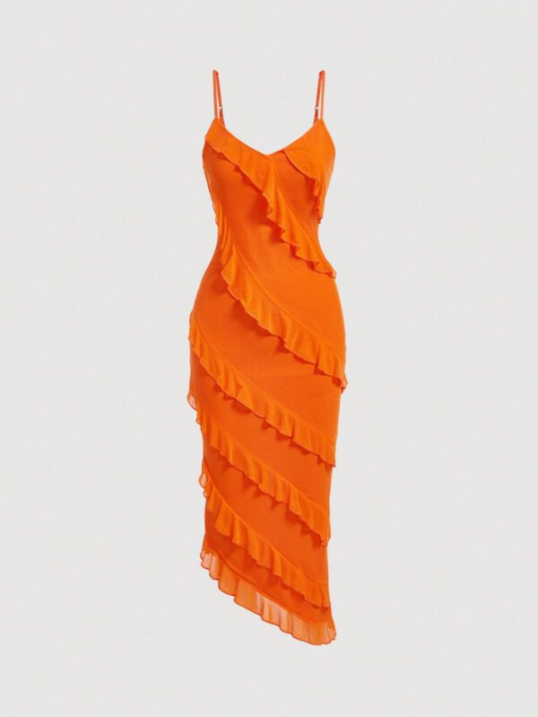 SHEIN MOD Robe décontractée d"été pour femme avec ourlet asymétrique, bretelles spaghetti et garniture à volants – Image 4