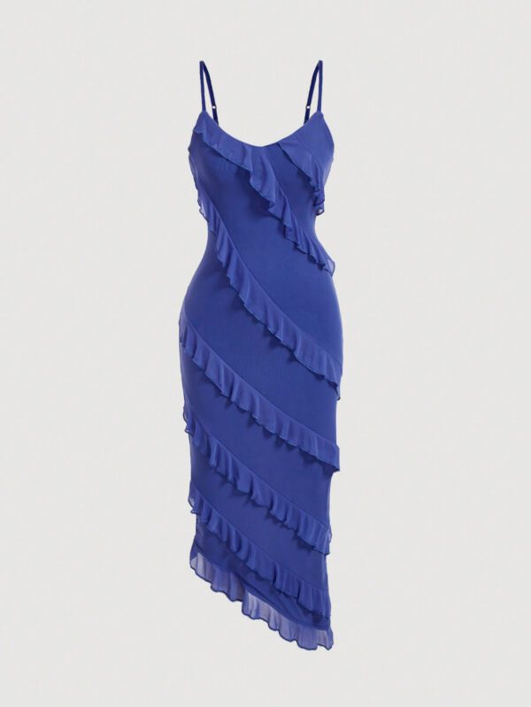 SHEIN MOD Robe décontractée d"été pour femme avec ourlet asymétrique, bretelles spaghetti et garniture à volants – Image 5