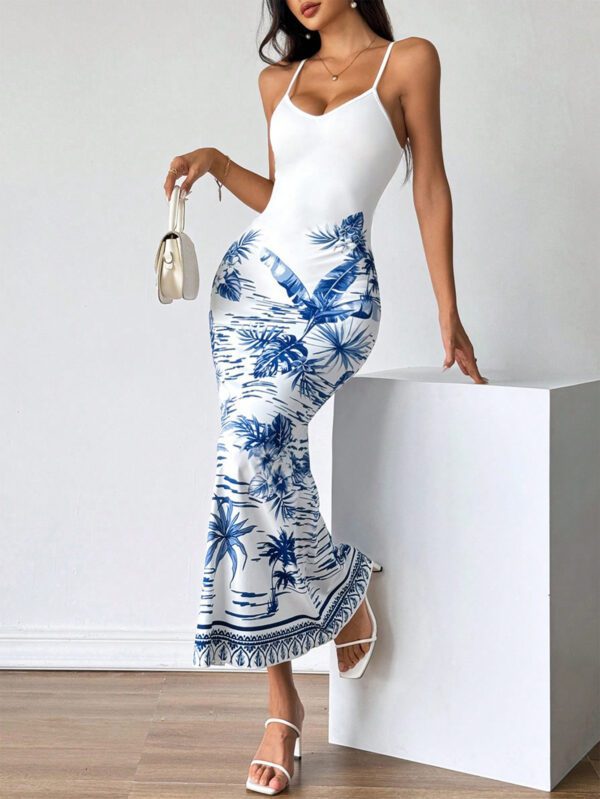 SHEIN Privé Robe d'été longue dos nu à bretelles et imprimé floral bleu et blanc pour femmes
