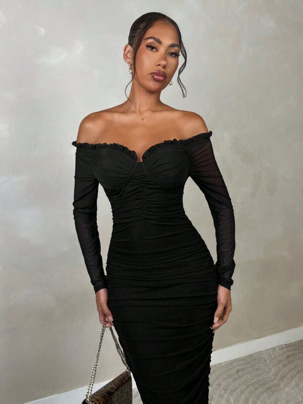 SHEIN BAE Robe midi élégante à une épaule avec encolure en filet stretch. Vêtements d'automne/hiver. Robe à manches longues gracieuse. Top court à manches longues. Tenue de soirée club pour femmes