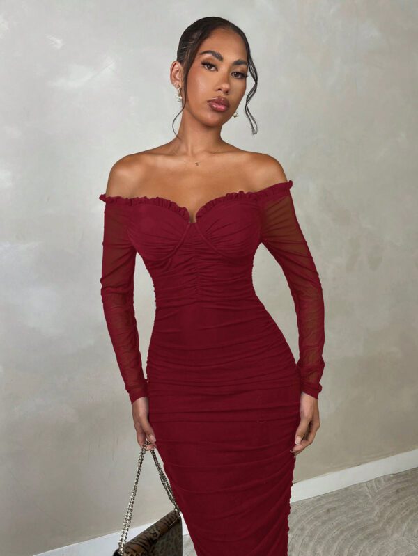 SHEIN BAE Robe midi élégante à une épaule avec encolure en filet stretch. Vêtements d'automne/hiver. Robe à manches longues gracieuse. Top court à manches longues. Tenue de soirée club pour femmes – Image 2