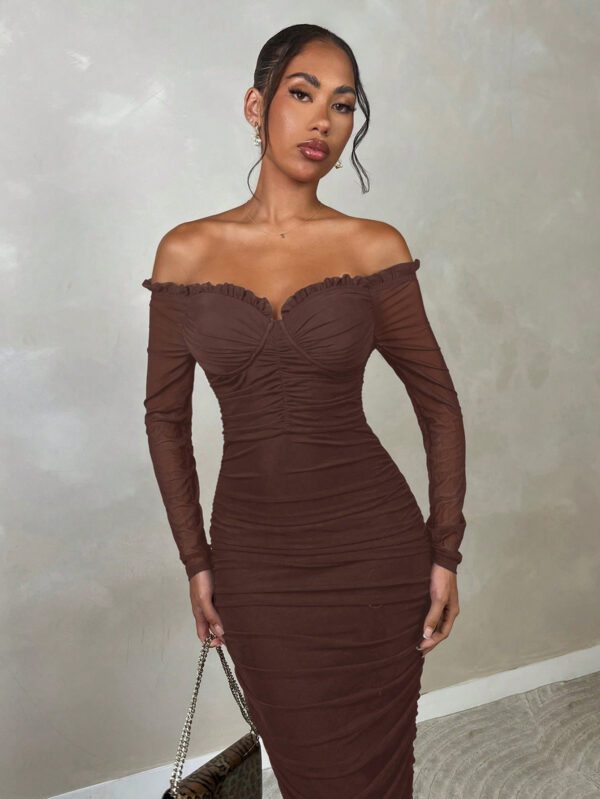 SHEIN BAE Robe midi élégante à une épaule avec encolure en filet stretch. Vêtements d'automne/hiver. Robe à manches longues gracieuse. Top court à manches longues. Tenue de soirée club pour femmes – Image 3