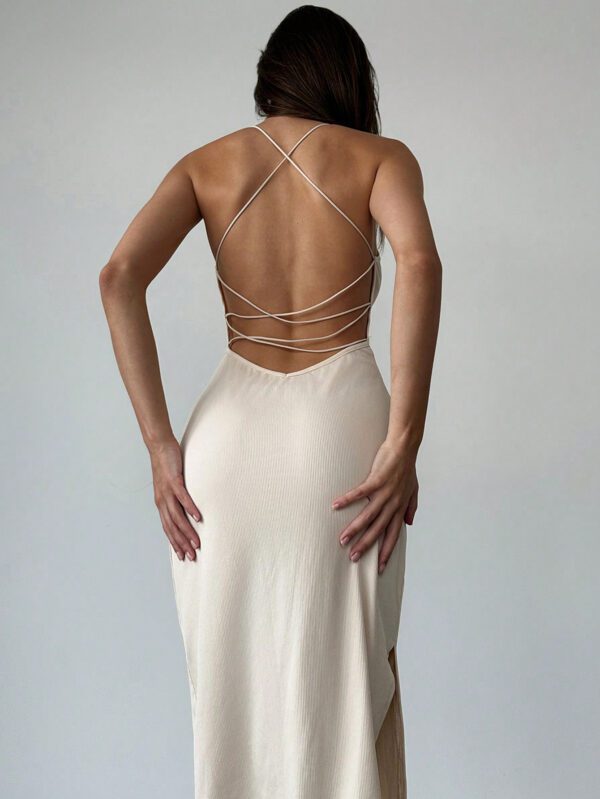 Aloruh Robe Midi Simple Et Sexy Pour Femmes Dos Nu Avec Fente Latérale Et Bretelles – Image 2