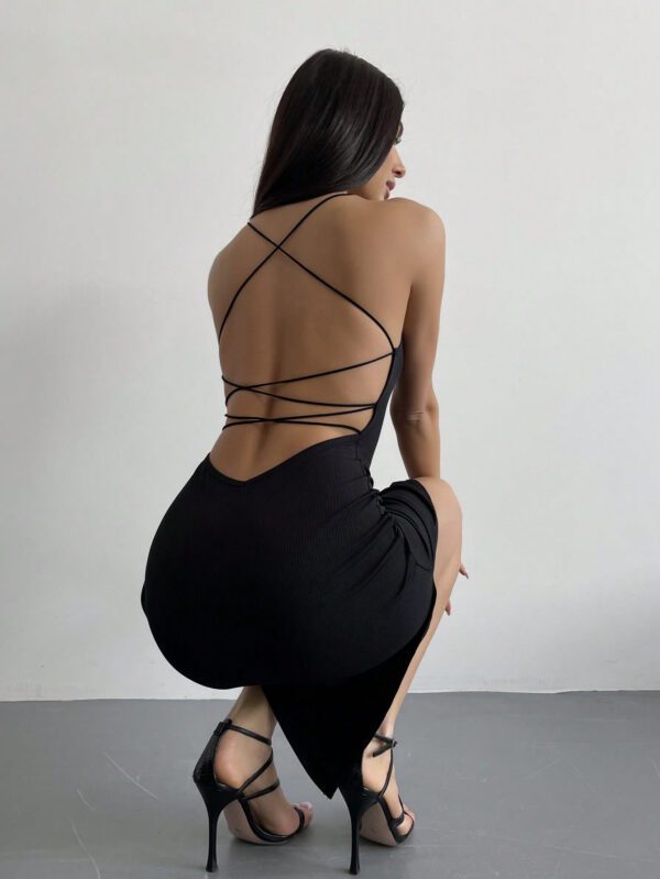 Aloruh Robe Midi Simple Et Sexy Pour Femmes Dos Nu Avec Fente Latérale Et Bretelles – Image 5