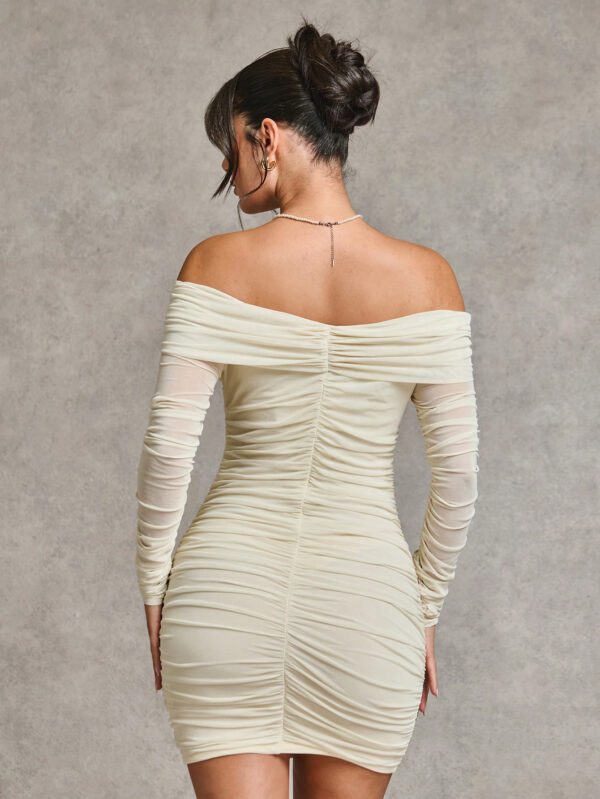SHEIN BAE Robe moulante mini à manches longues et épaules dénudées, couleur blanc/beige unicolore, élégante et sexy, convient pour les cocktails, les rendez-vous romantiques, les superpositions en automne/hiver, les fêtes, les événements formels, les robes de demoiselle d'honneur, les sorties, Halloween, Noël – Image 3