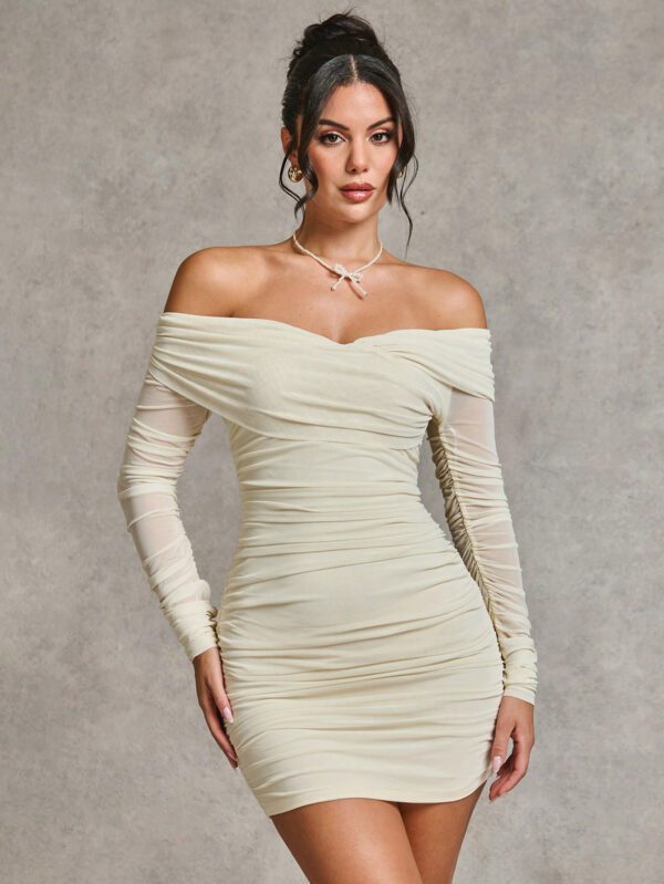 SHEIN BAE Robe moulante mini à manches longues et épaules dénudées, couleur blanc/beige unicolore, élégante et sexy, convient pour les cocktails, les rendez-vous romantiques, les superpositions en automne/hiver, les fêtes, les événements formels, les robes de demoiselle d'honneur, les sorties, Halloween, Noël – Image 7
