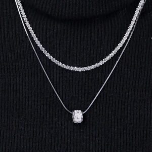 1 Pièce Petit Cubic Zirconia À La Taille, Double Couche, Collier De Perles De Méditation En Acier De Titane, Idéal Pour Le Port Quotidien Des Femmes, Chaîne De Pull, Automne Et Hiver