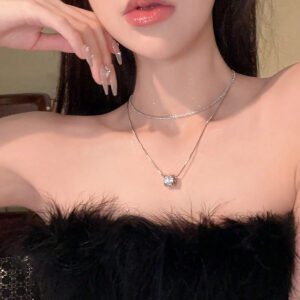1 Pièce Petit Cubic Zirconia À La Taille, Double Couche, Collier De Perles De Méditation En Acier De Titane, Idéal Pour Le Port Quotidien Des Femmes, Chaîne De Pull, Automne Et Hiver