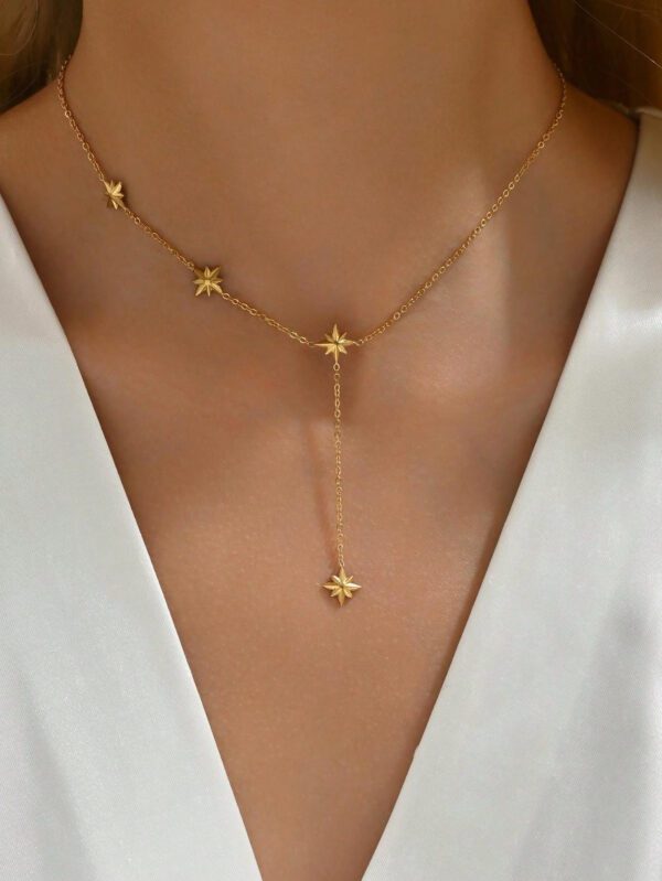 1 pièce Collier pour femmes en acier inoxydable plaqué or 18 carats, chaîne en Y avec octagramme – Image 6