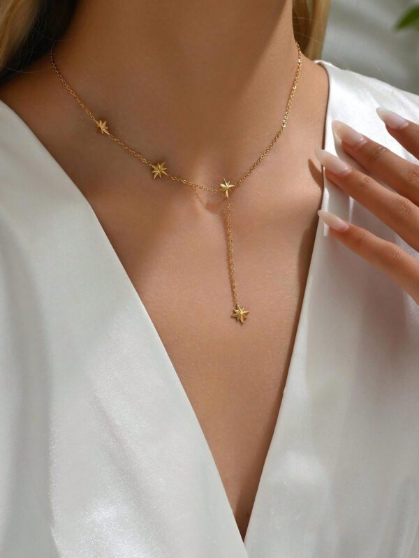 1 pièce Collier pour femmes en acier inoxydable plaqué or 18 carats, chaîne en Y avec octagramme – Image 9