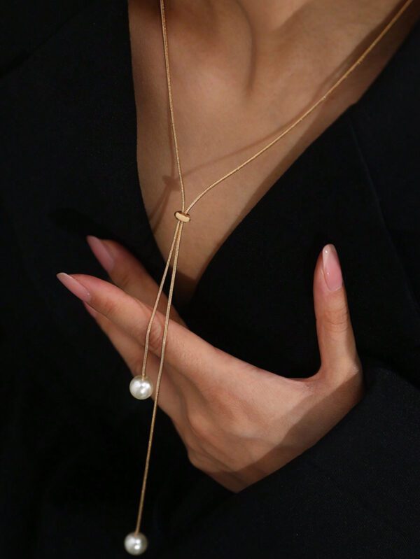 1 Pièce Collier De Perles Faux Double Long Simple À Cordon De Serrage Réglable À La Mode Convient Pour Le Port Quotidien Et Les Banquets Des Femmes – Image 4