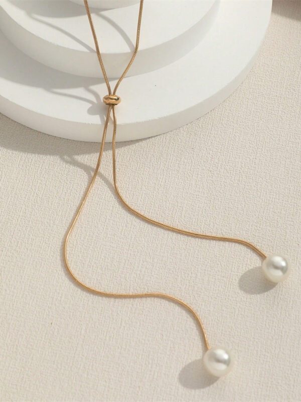 1 Pièce Collier De Perles Faux Double Long Simple À Cordon De Serrage Réglable À La Mode Convient Pour Le Port Quotidien Et Les Banquets Des Femmes – Image 5
